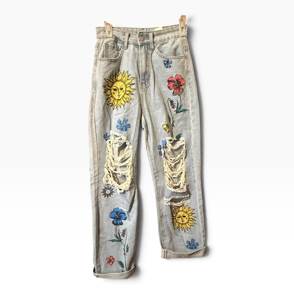 Celestial Distressed Jeans Women Size 2 Blue Excellent Sun Floral Boho